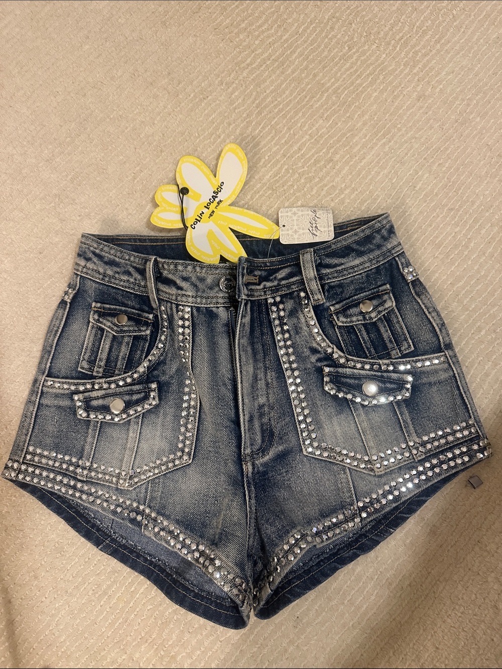 Colin locasio rhinestone Dark Wash Jean Shorts with Front Flap Pockets